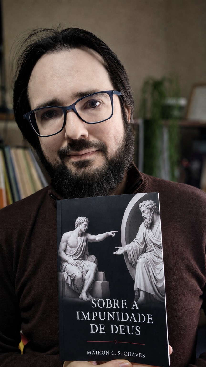 Máiron C. S. Chaves segurando um exemplar físico de Sobre a Impunidade de Deus